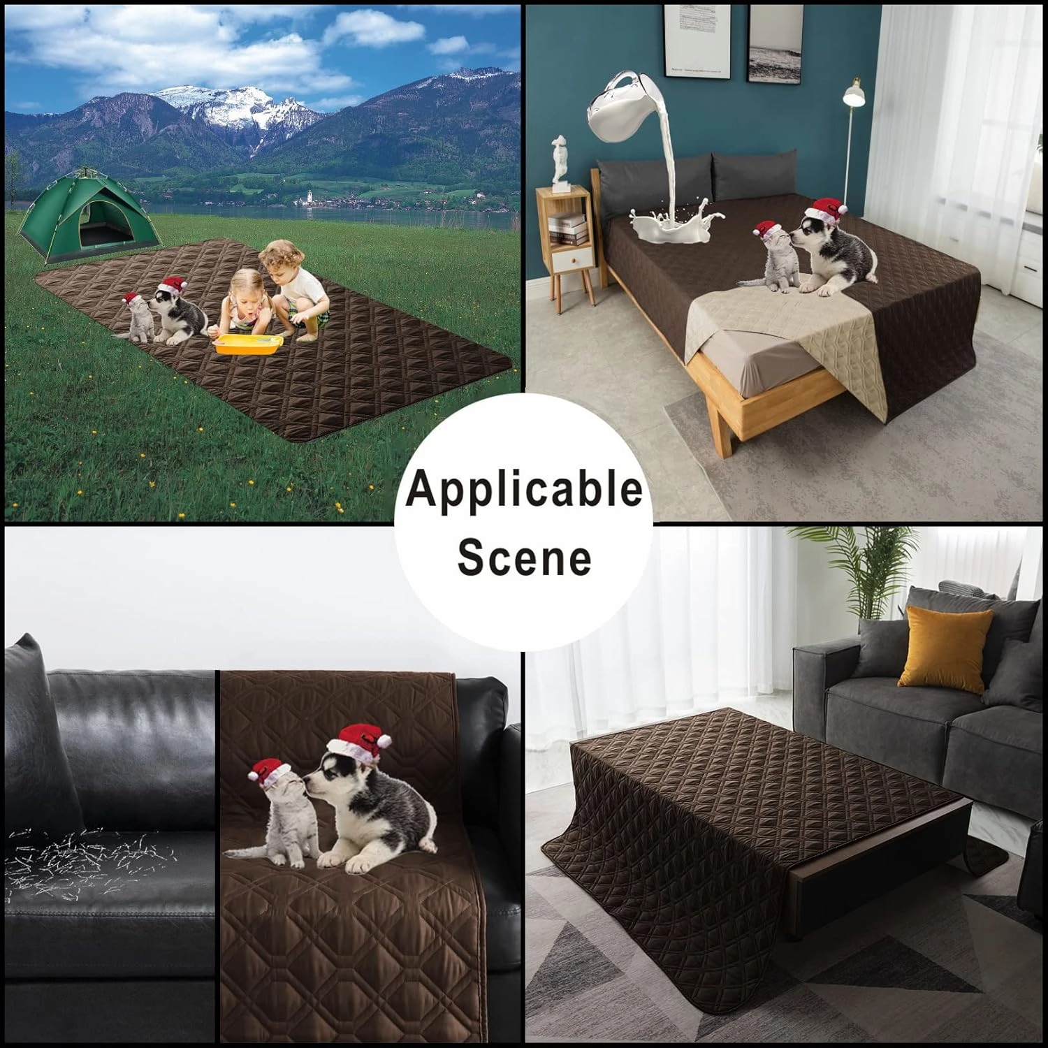 100% Waterproof Dog Bed Cover 52x82 inch Reversible Reusable Camping Mat for Kids/Pet/Dog/Cat Washable Geometric Embroidery Blanket Patchwork Brown Beige