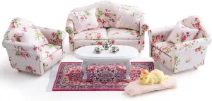1:12 Dollhouse Couch Furniture Set, 16Pcs Wooden Miniature Sofa Set, Dollhouse White Fabric Printed Double & Single Sofa with Pillow and Living Room Accessories