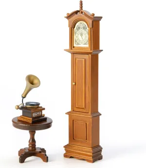 1:12 Dollhouse Furniture Accessories Set, 3Pcs Victorian Miniature Grandfather Clock, Vintage Phonograph, Round Side Table Mini House Decoration for Living Room, Bedroom, Kitchen,Home Office