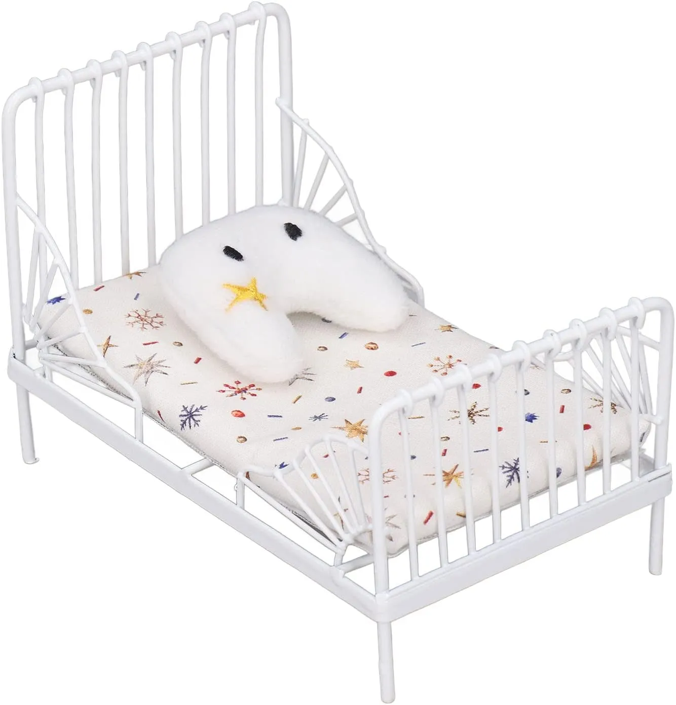 1:12 Scale Dollhouse Bed, Mini Bed Set Decorative Pillow Metal Frame Miniature Bed Dollhouse Furniture Miniature Dollhouse Decor White