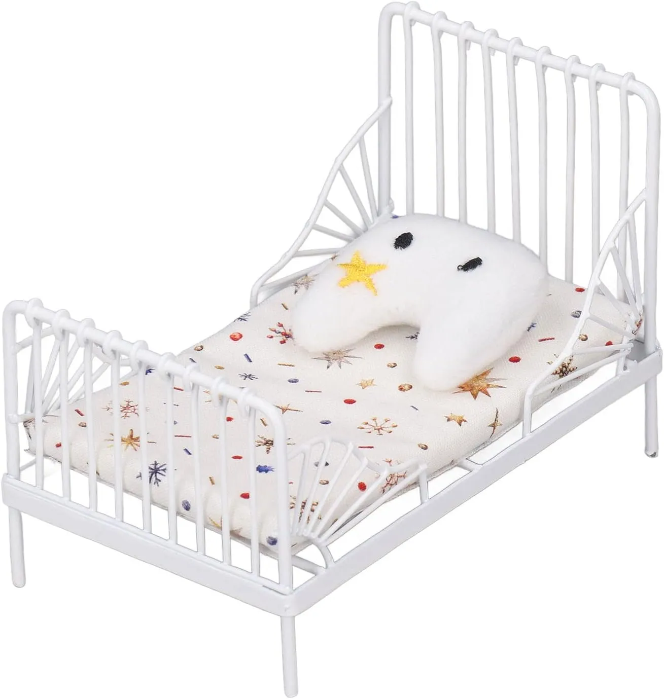 1:12 Scale Dollhouse Bed, Mini Bed Set Decorative Pillow Metal Frame Miniature Bed Dollhouse Furniture Miniature Dollhouse Decor White