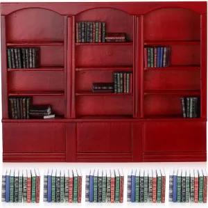 1:12 Scale Dollhouse Miniature Wooden Bookshelf with 48 Pcs Miniatures Books, Mini Bookcase Mini Library Furniture Gift(Red)