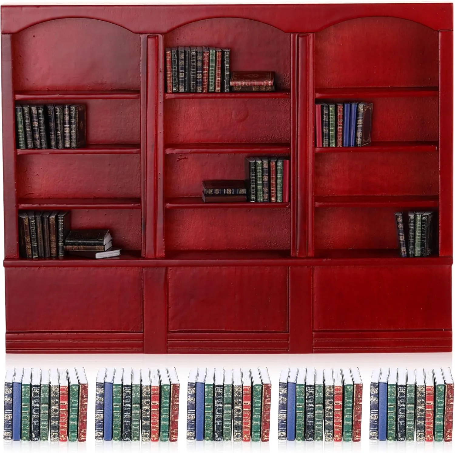 1:12 Scale Dollhouse Miniature Wooden Bookshelf with 48 Pcs Miniatures Books, Mini Bookcase Mini Library Furniture Gift(Red)