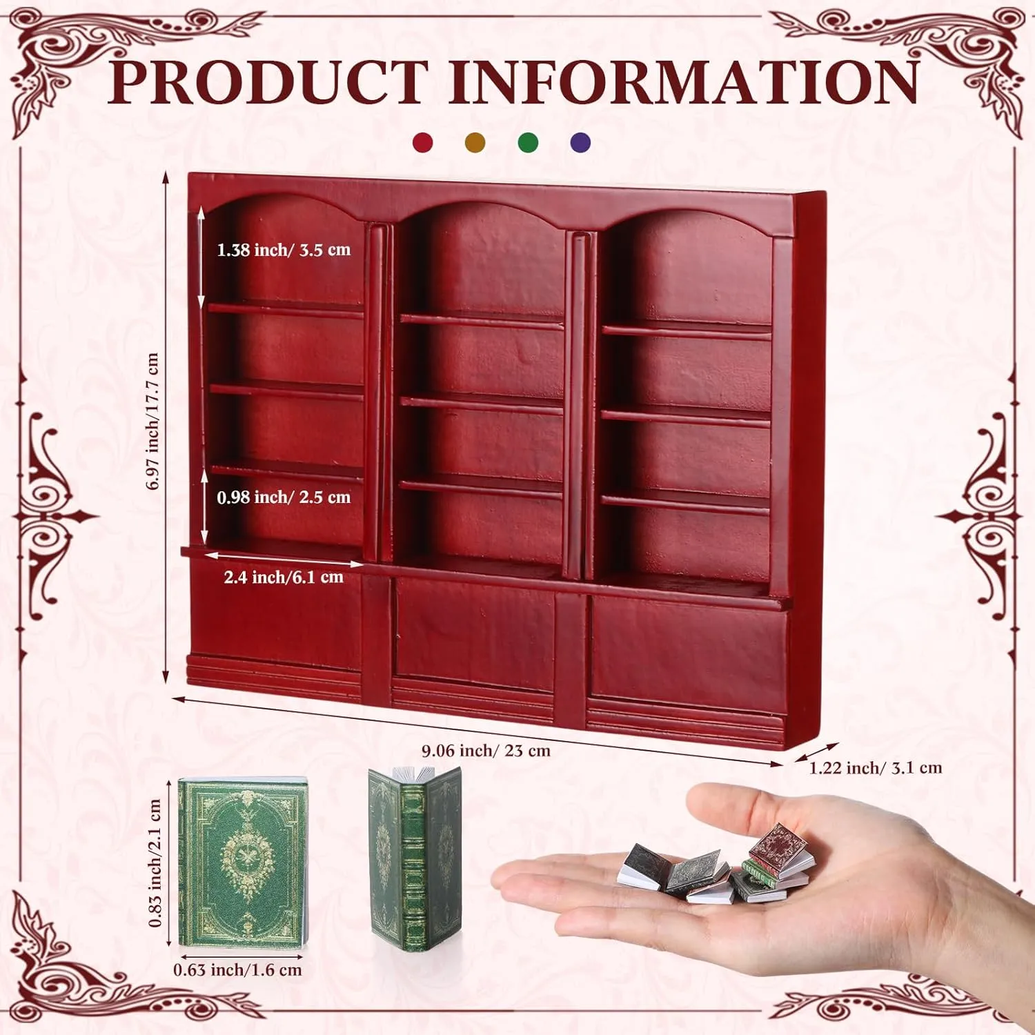 1:12 Scale Dollhouse Miniature Wooden Bookshelf with 48 Pcs Miniatures Books, Mini Bookcase Mini Library Furniture Gift(Red)