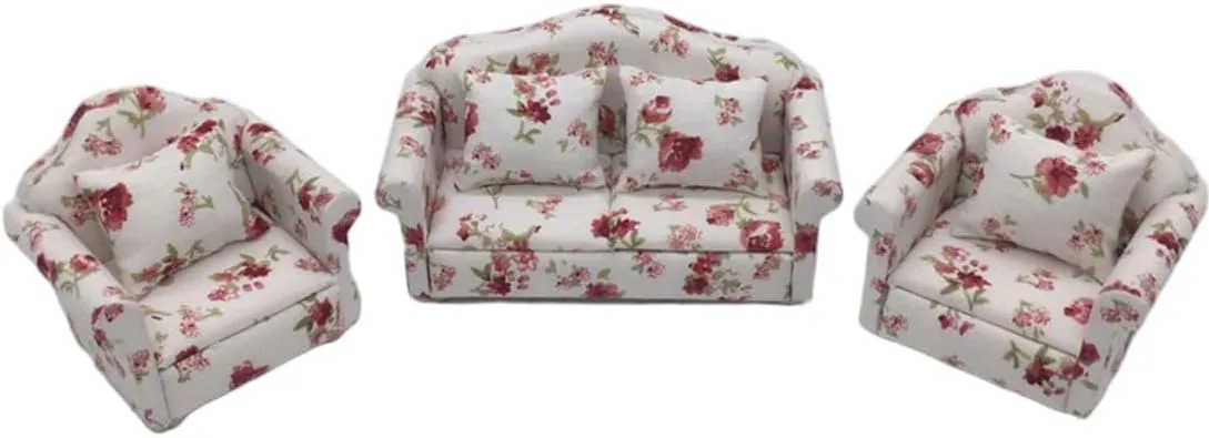 1/12 Scale Mini Sofa Set for Miniature Living Room Scene, Dollhouse Furniture, Home Decor Accessories, Set of 7 Including 3 Sofa and 4 Pillow, Fresh Floral Cluster Pattern