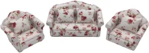 1/12 Scale Mini Sofa Set for Miniature Living Room Scene, Dollhouse Furniture, Home Decor Accessories, Set of 7 Including 3 Sofa and 4 Pillow, Fresh Floral Cluster Pattern