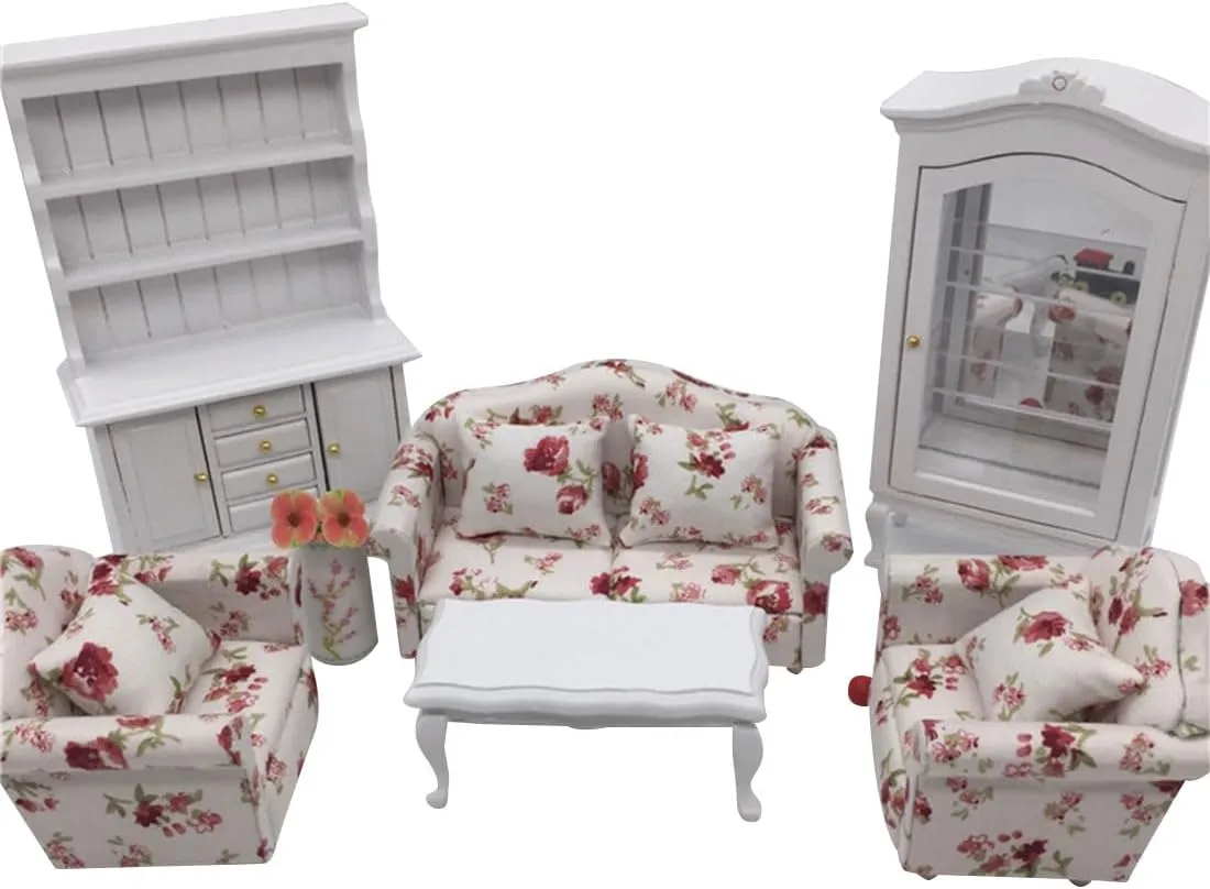 1/12 Scale Mini Sofa Set for Miniature Living Room Scene, Dollhouse Furniture, Home Decor Accessories, Set of 7 Including 3 Sofa and 4 Pillow, Fresh Floral Cluster Pattern