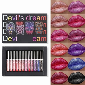 12 Color Lipstick Set Halloween Symphony Shiny Metal Lip Gloss No Stick Cup Long Lasting Waterproo Lip Glaze Makeup