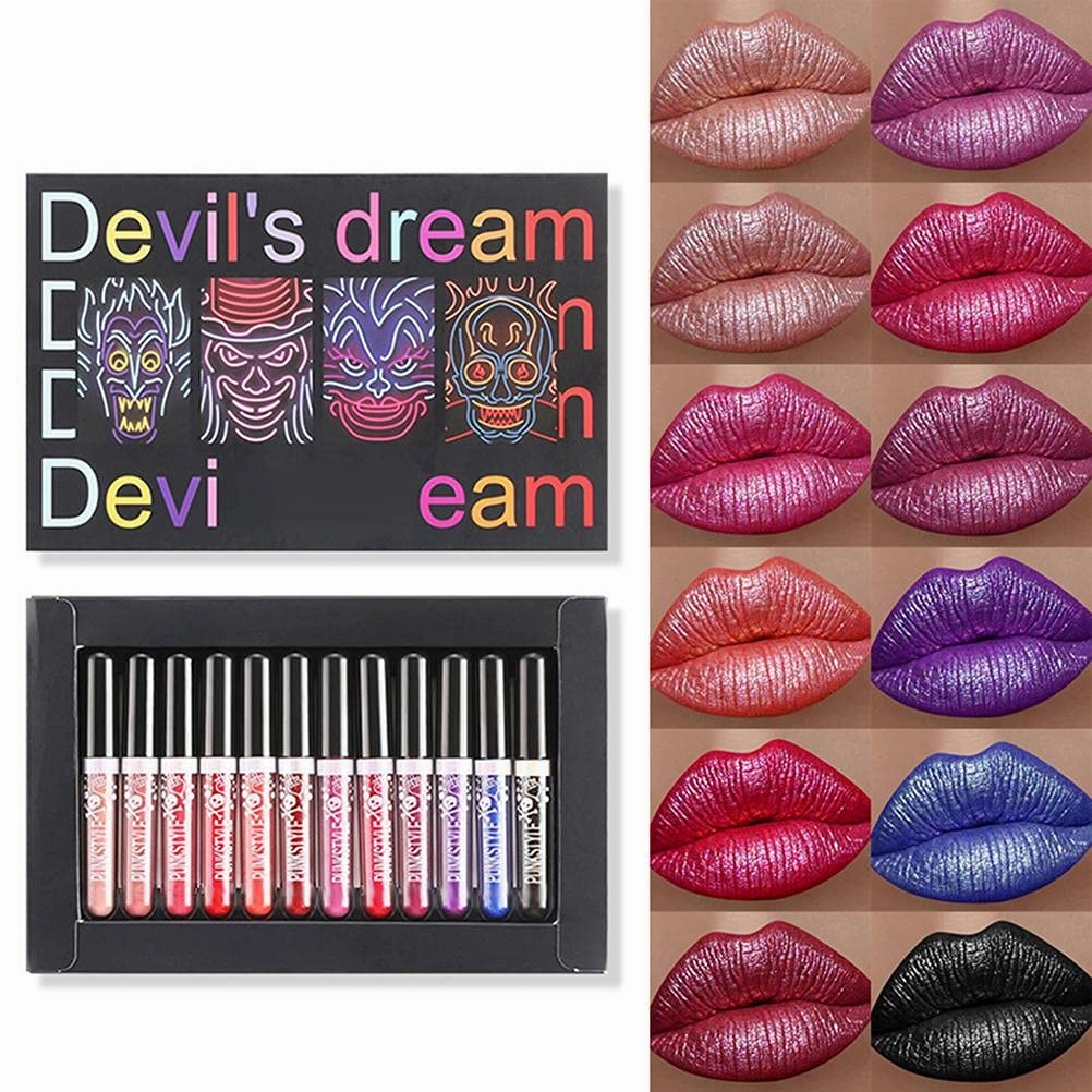12 Color Lipstick Set Halloween Symphony Shiny Metal Lip Gloss No Stick Cup Long Lasting Waterproo Lip Glaze Makeup
