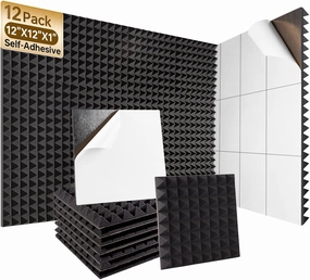 12 Pack Soundproof Wall Panels, 1" X 12" X 12" Self-Adhesive Pyramid Acoustic Foam, High Density Acoustic Panels for Home Studio, Quick-Recovery Sound Proof Panels for Walls, Black