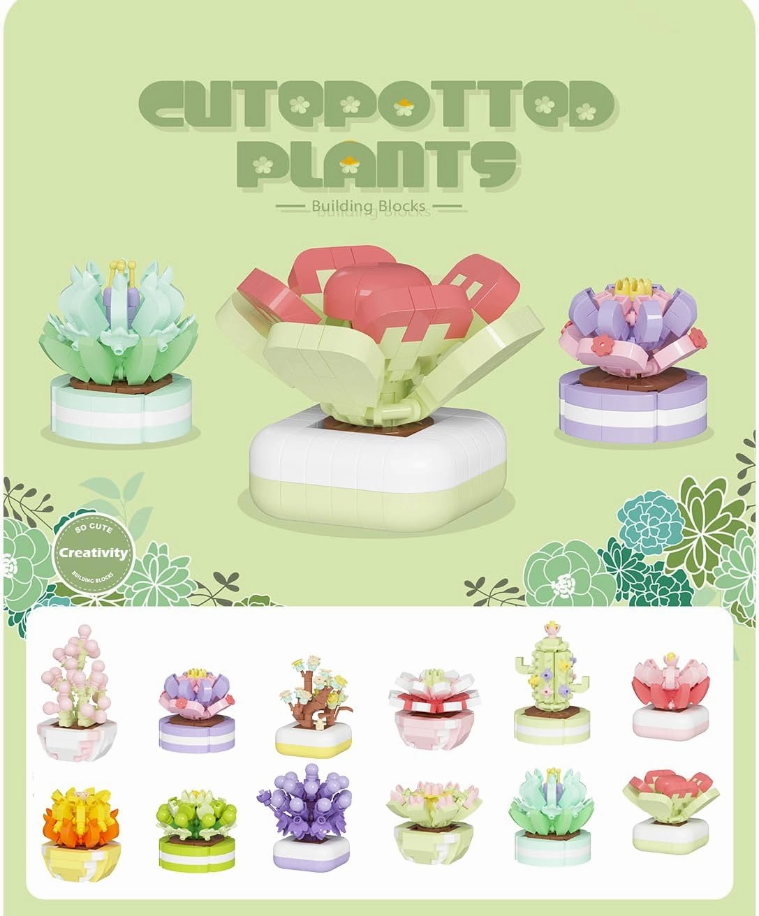 12 Set Succulent Plant Building Blocks Set - DIY Mini Potted Bonsai, Creative Artificial Botanical Decor Toy for Home and Office
