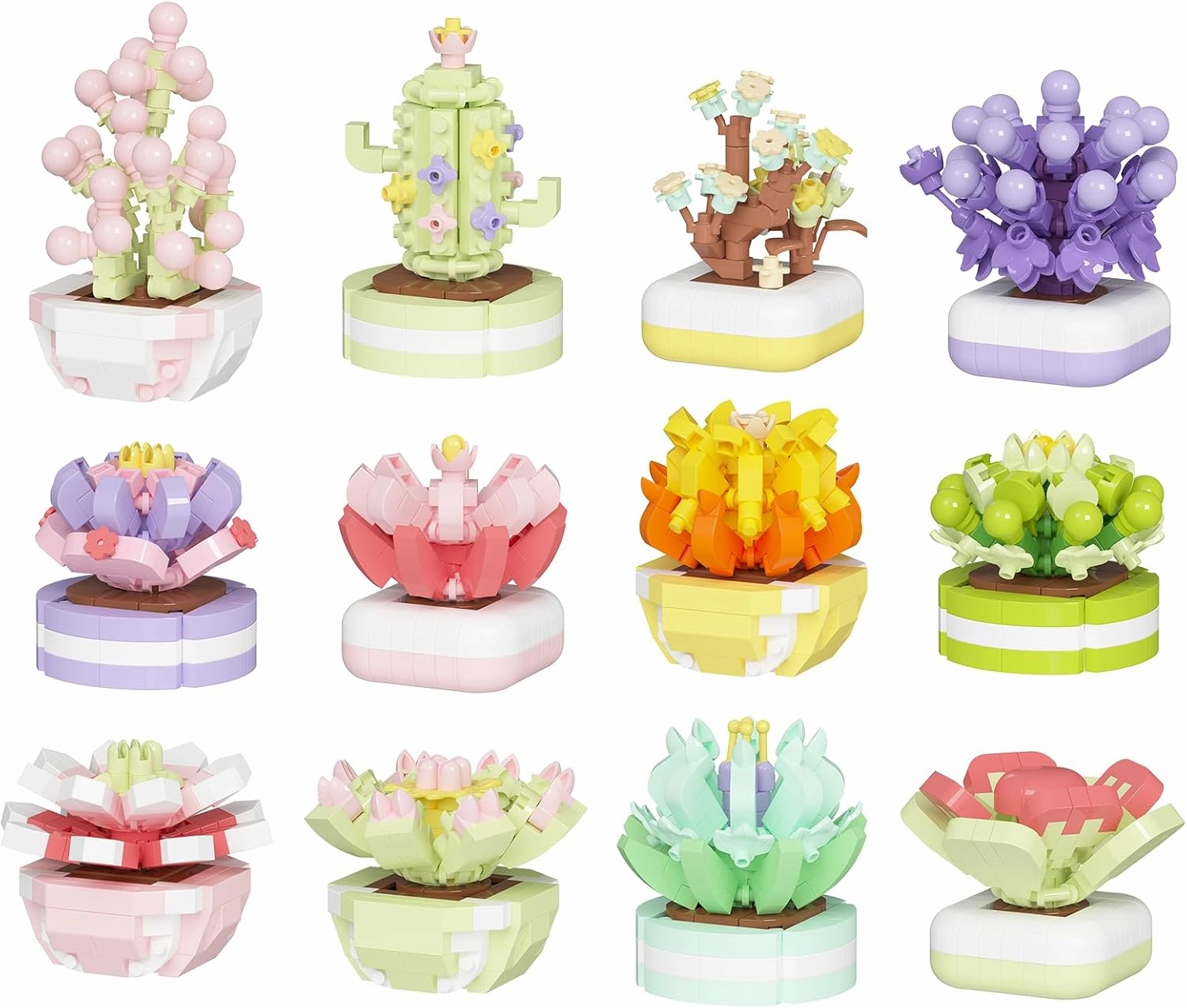 12 Set Succulent Plant Building Blocks Set - DIY Mini Potted Bonsai, Creative Artificial Botanical Decor Toy for Home and Office