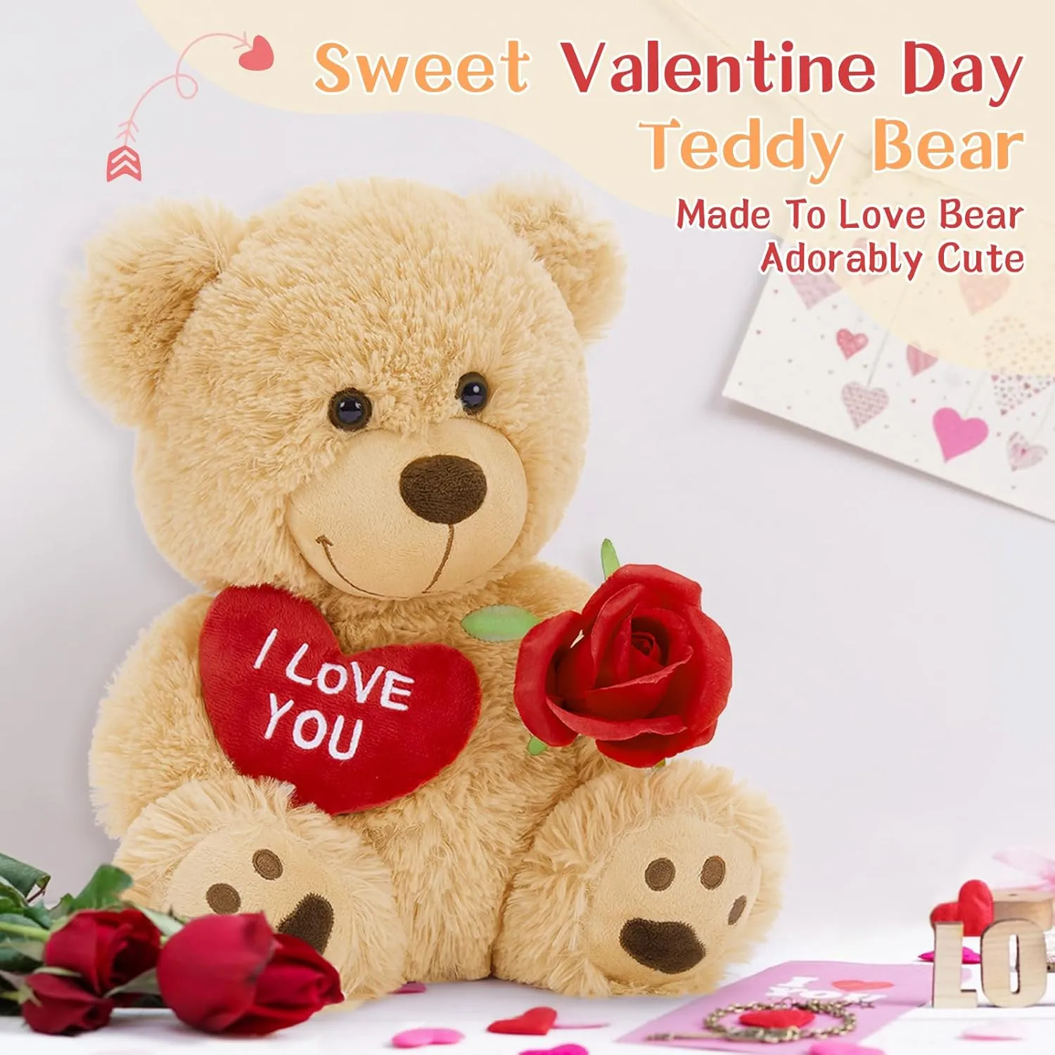 12" Teddy Bear with Heart, Cute Brown Teddy Bear Stuffed Animals for Valentines Soft Bear Plushie Toy Stuffed Bear Plush Gifts for Girlfriend Kid