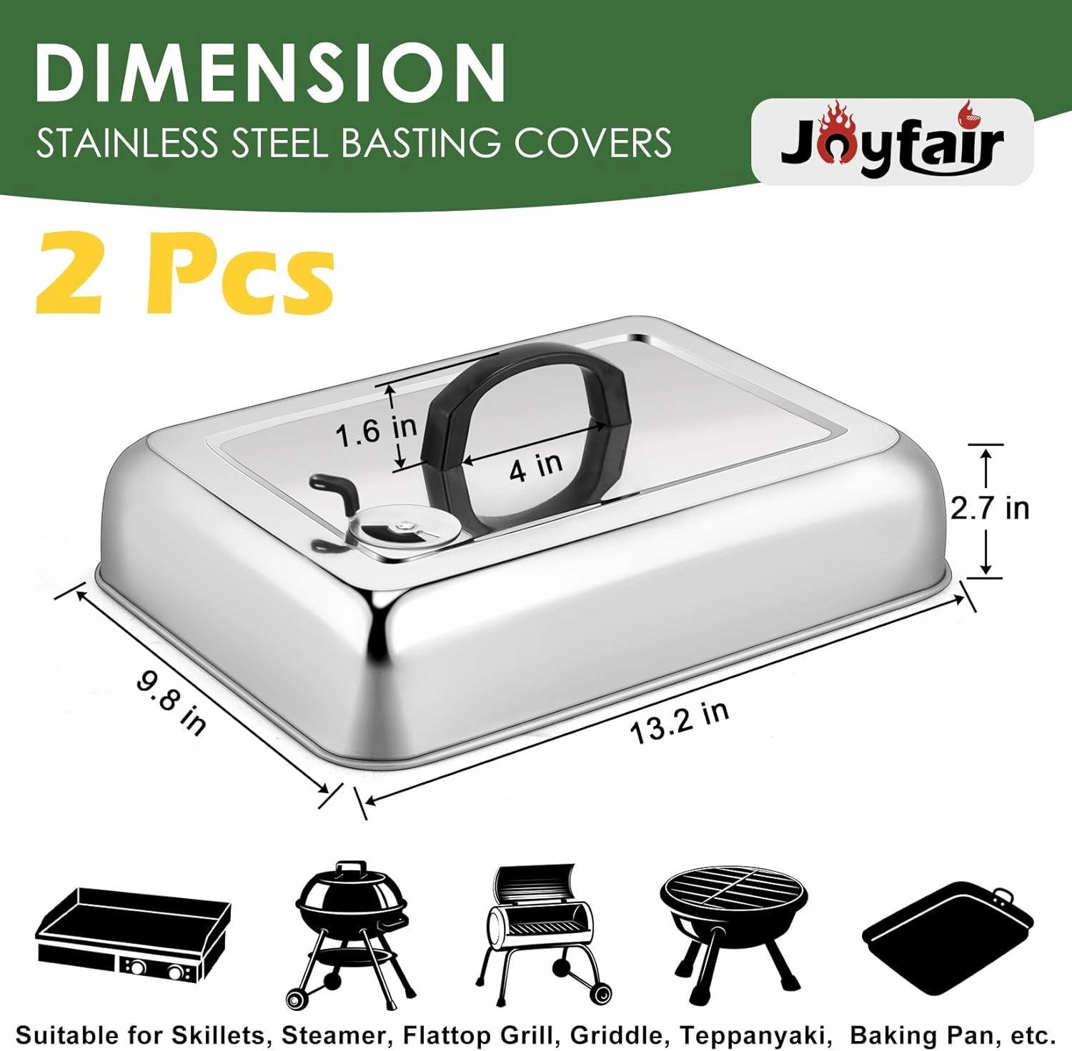 13 x 9.8 Inch Basting Cover Melting Domes (2Pcs), Joyfair Stainless Steel Rectangular Cheese Melt Lid for Outdoor Flat Top Griddle, Heat-Resistant Handle & Screwdriver, Dishwasher Safe (with Vent)