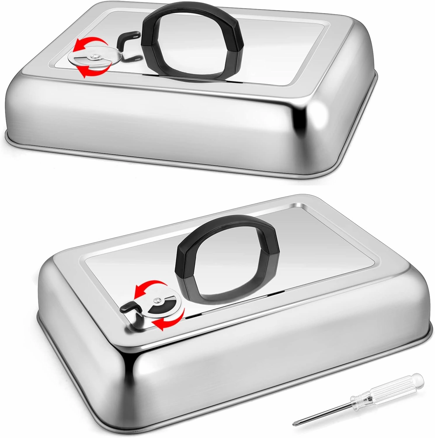 13 x 9.8 Inch Basting Cover Melting Domes (2Pcs), Joyfair Stainless Steel Rectangular Cheese Melt Lid for Outdoor Flat Top Griddle, Heat-Resistant Handle & Screwdriver, Dishwasher Safe (with Vent)