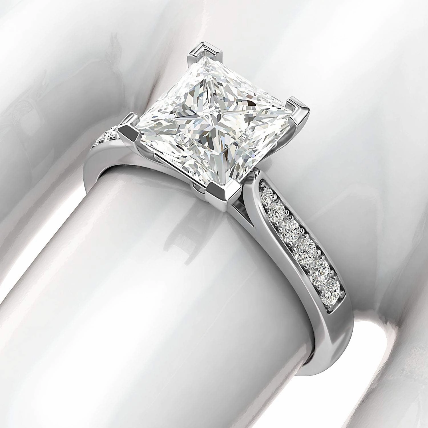 14k White Gold Solitaire 1.5ct Simulated Princess Cut Diamond or Moissanite Engagement Ring Side Stones Promise Bridal Ring