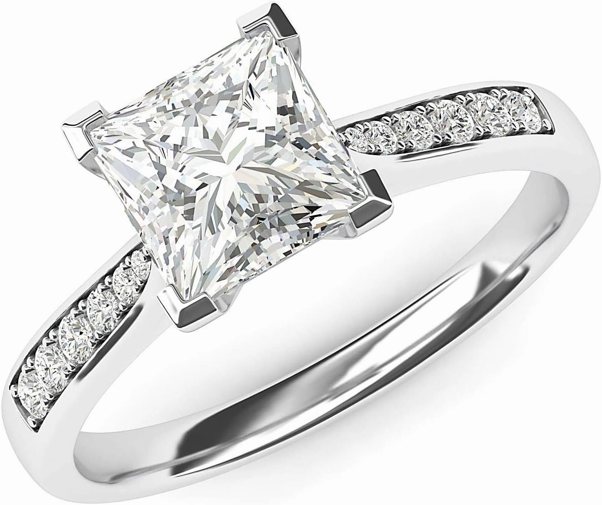 14k White Gold Solitaire 1.5ct Simulated Princess Cut Diamond or Moissanite Engagement Ring Side Stones Promise Bridal Ring