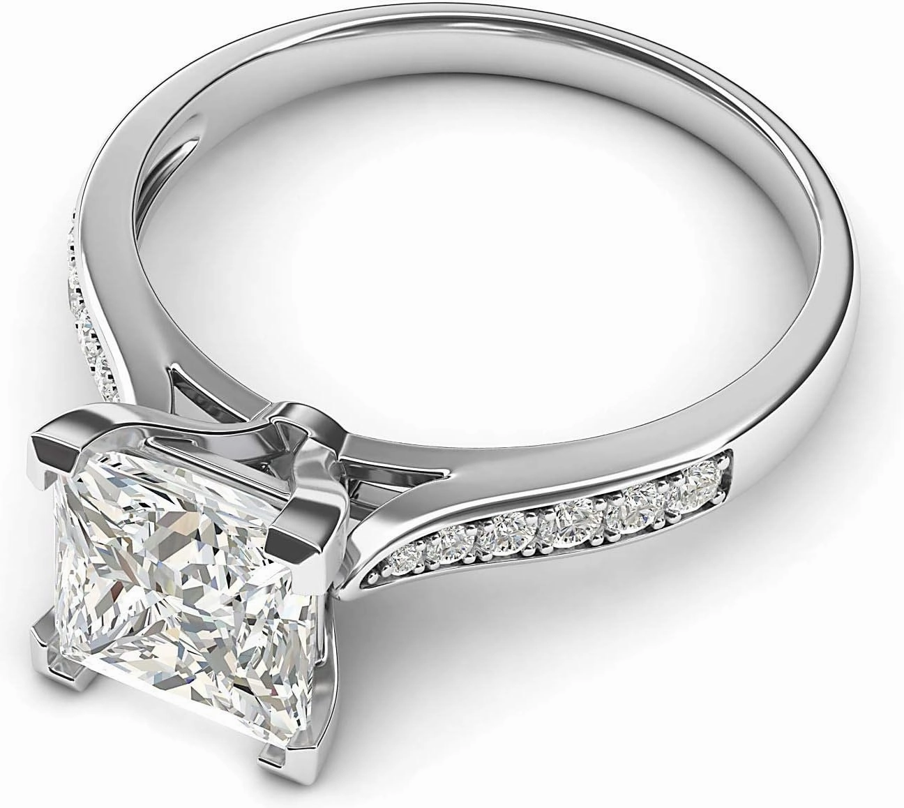 14k White Gold Solitaire 1.5ct Simulated Princess Cut Diamond or Moissanite Engagement Ring Side Stones Promise Bridal Ring