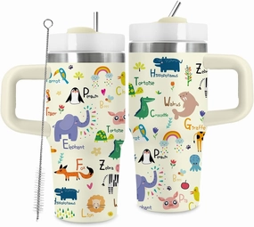 14oz Alphabet Animal Tumbler with Handle and Straw, Cute Alphabet with Different Animals in Cartoon Style, Christmas Birthday Gifts for Animal Lover, Daughter, Son, Sister, Girl, Boy