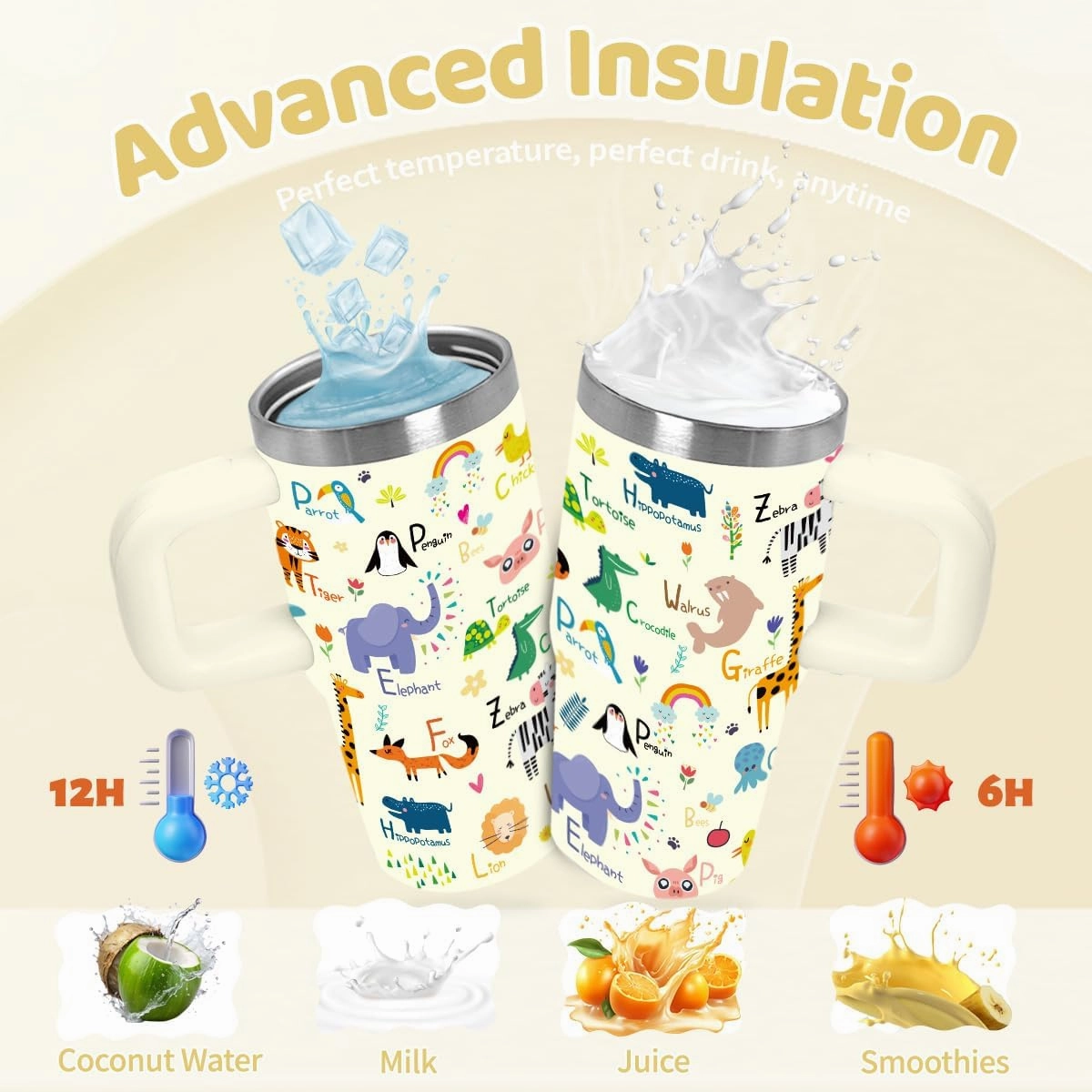 14oz Alphabet Animal Tumbler with Handle and Straw, Cute Alphabet with Different Animals in Cartoon Style, Christmas Birthday Gifts for Animal Lover, Daughter, Son, Sister, Girl, Boy