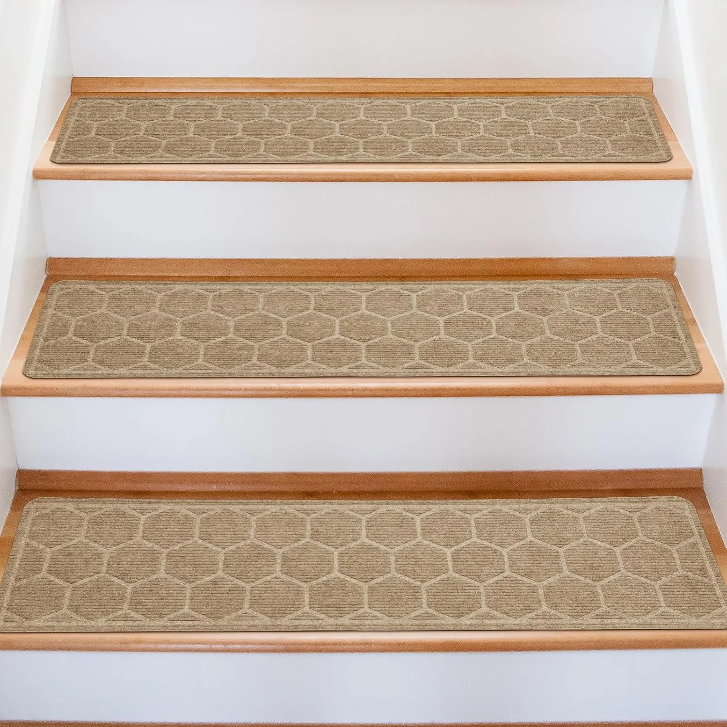 15 Pack 8 "X 30" Non-Slip Carpet Stair Treads for Indoor Wooden Steps, Made of Polyester and Reusable Adhesive, Suitable for Kids Elders and Pets（Beige Hexagon）