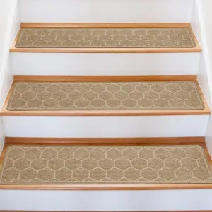 15 Pack 8 "X 30" Non-Slip Carpet Stair Treads for Indoor Wooden Steps, Made of Polyester and Reusable Adhesive, Suitable for Kids Elders and Pets（Beige Hexagon）