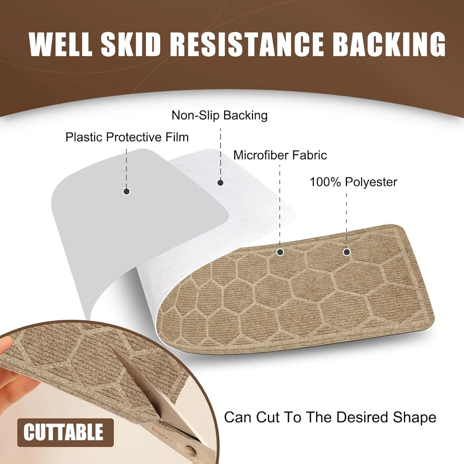15 Pack 8 "X 30" Non-Slip Carpet Stair Treads for Indoor Wooden Steps, Made of Polyester and Reusable Adhesive, Suitable for Kids Elders and Pets（Beige Hexagon）