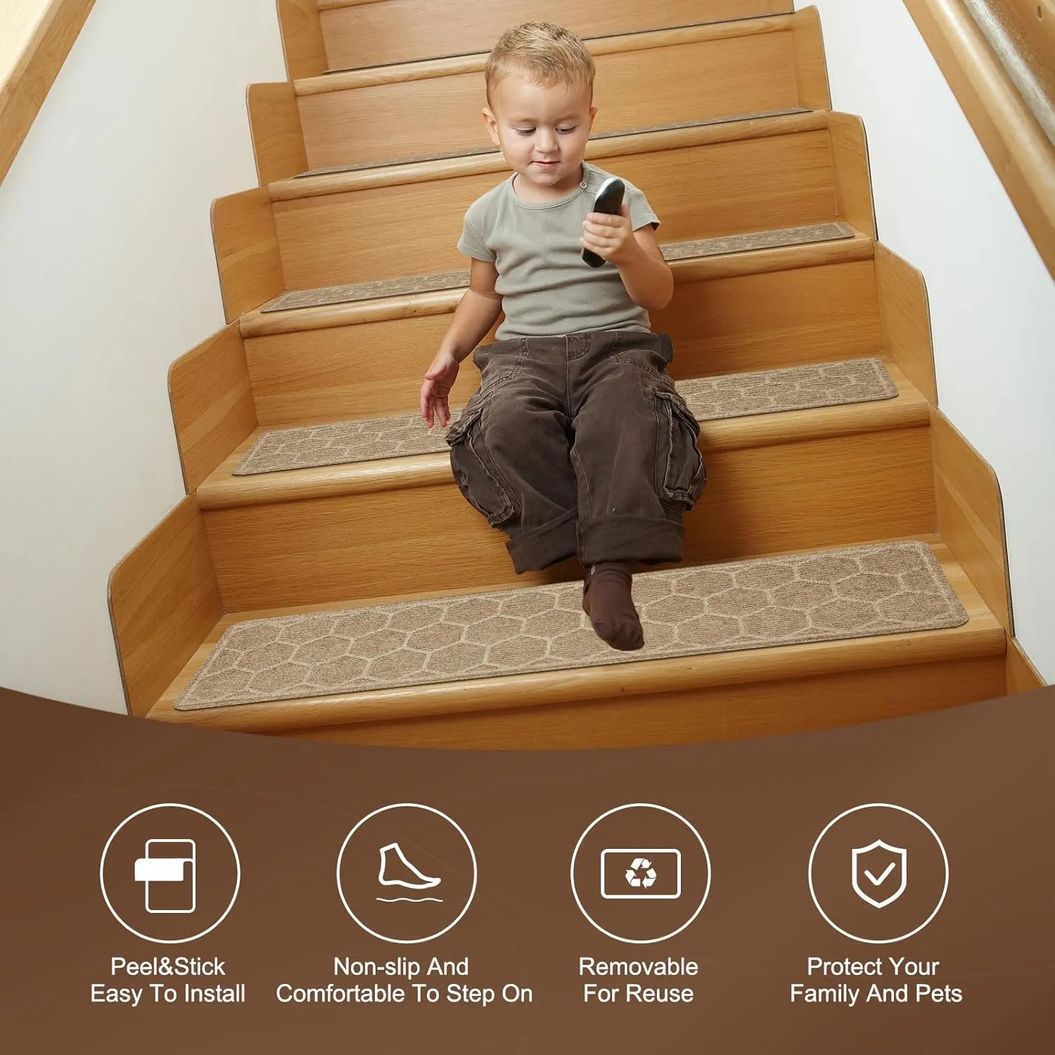 15 Pack 8 "X 30" Non-Slip Carpet Stair Treads for Indoor Wooden Steps, Made of Polyester and Reusable Adhesive, Suitable for Kids Elders and Pets（Beige Hexagon）