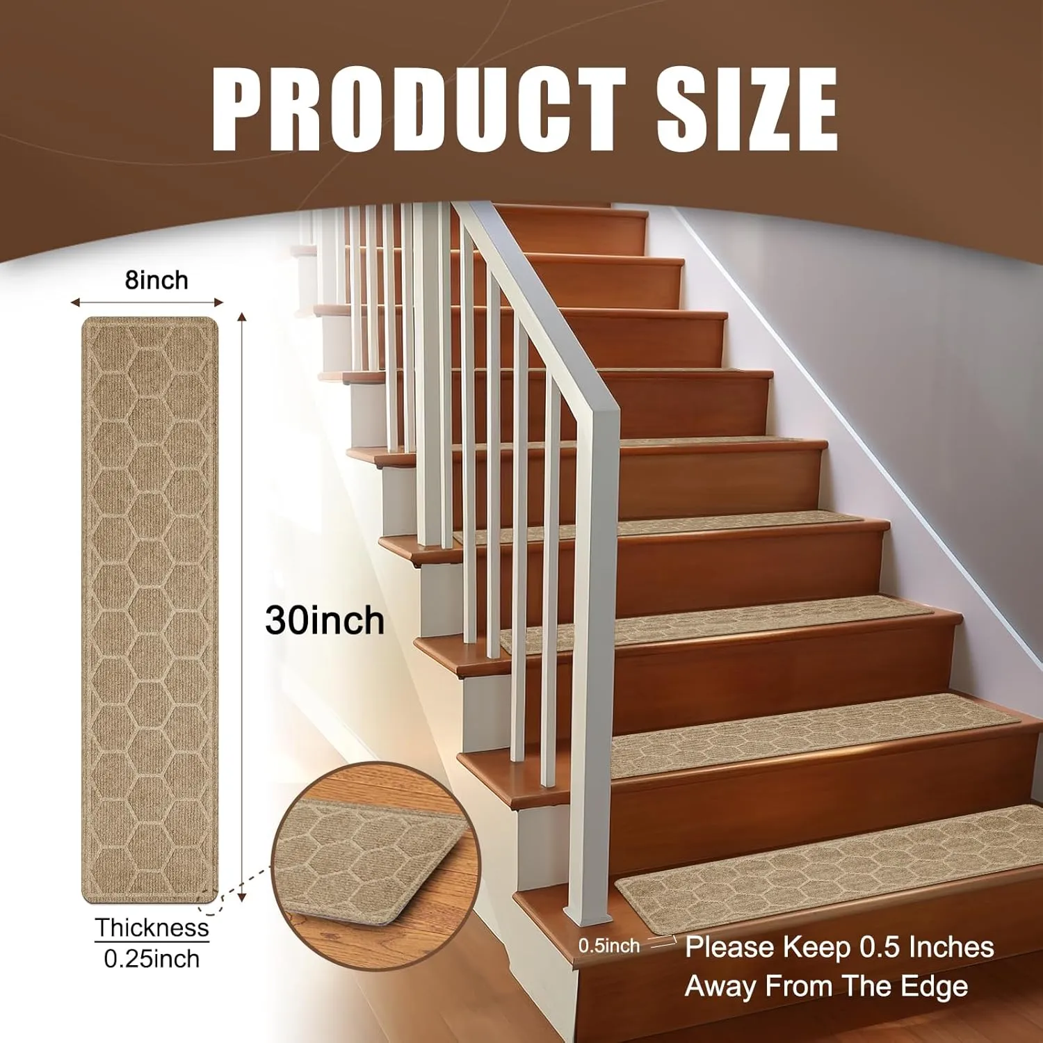 15 Pack 8 "X 30" Non-Slip Carpet Stair Treads for Indoor Wooden Steps, Made of Polyester and Reusable Adhesive, Suitable for Kids Elders and Pets（Beige Hexagon）