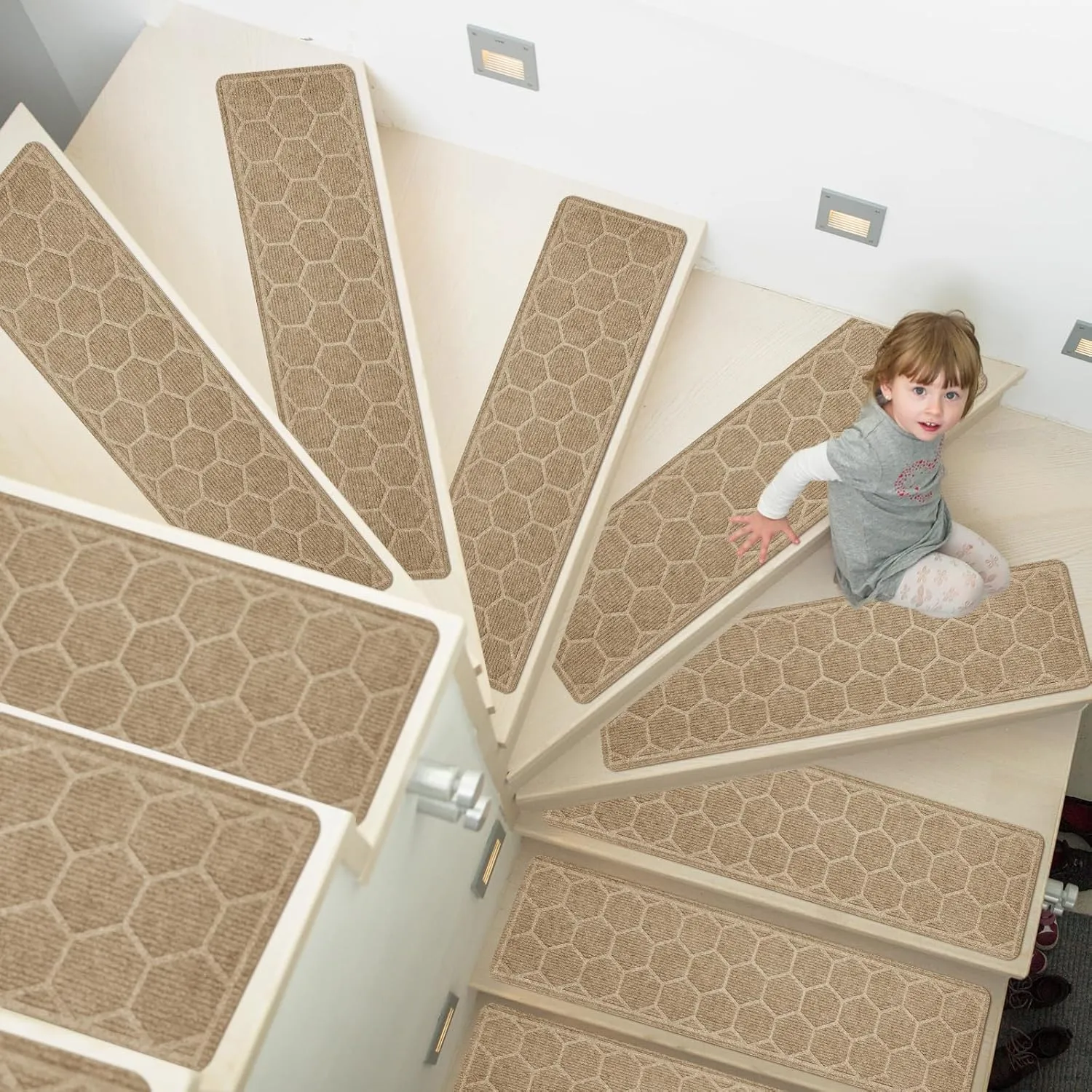 15 Pack 8 "X 30" Non-Slip Carpet Stair Treads for Indoor Wooden Steps, Made of Polyester and Reusable Adhesive, Suitable for Kids Elders and Pets（Beige Hexagon）