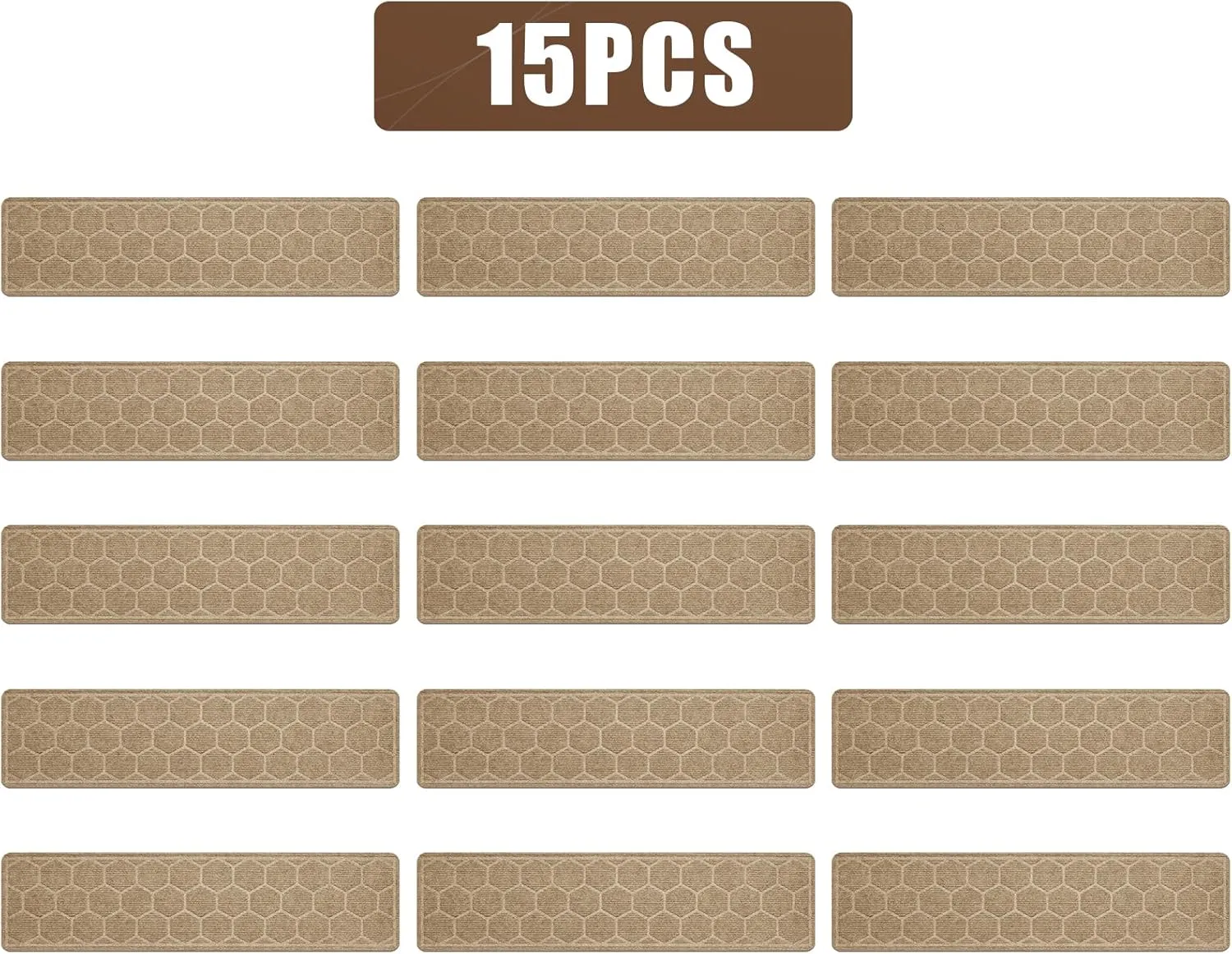 15 Pack 8 "X 30" Non-Slip Carpet Stair Treads for Indoor Wooden Steps, Made of Polyester and Reusable Adhesive, Suitable for Kids Elders and Pets（Beige Hexagon）