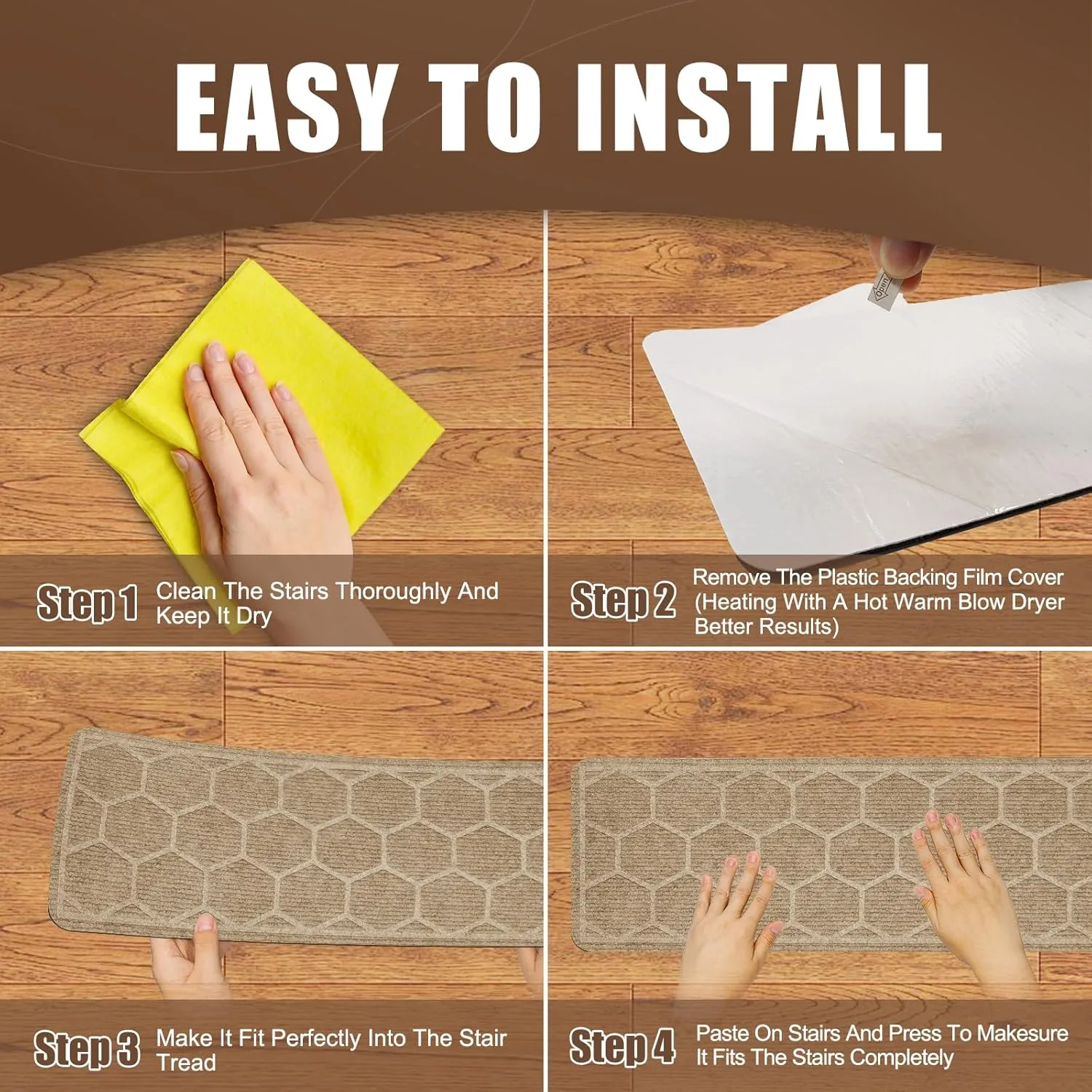 15 Pack 8 "X 30" Non-Slip Carpet Stair Treads for Indoor Wooden Steps, Made of Polyester and Reusable Adhesive, Suitable for Kids Elders and Pets（Beige Hexagon）