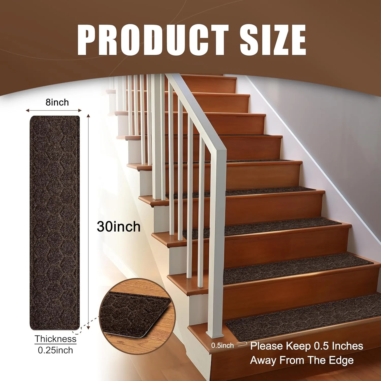 15 Pack 8 "X 30" Non-Slip Carpet Stair Treads for Indoor Wooden Steps, Made of Polyester and Reusable Adhesive, Suitable for Kids Elders and Pets（Brown Hexagon）