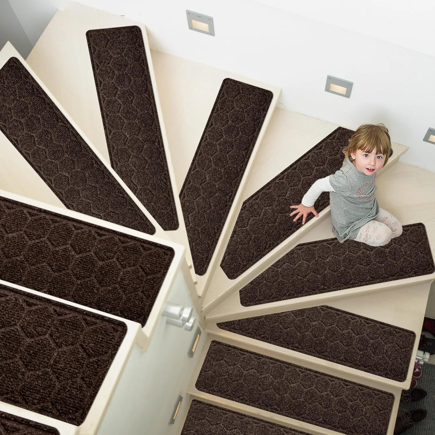 15 Pack 8 "X 30" Non-Slip Carpet Stair Treads for Indoor Wooden Steps, Made of Polyester and Reusable Adhesive, Suitable for Kids Elders and Pets（Brown Hexagon）