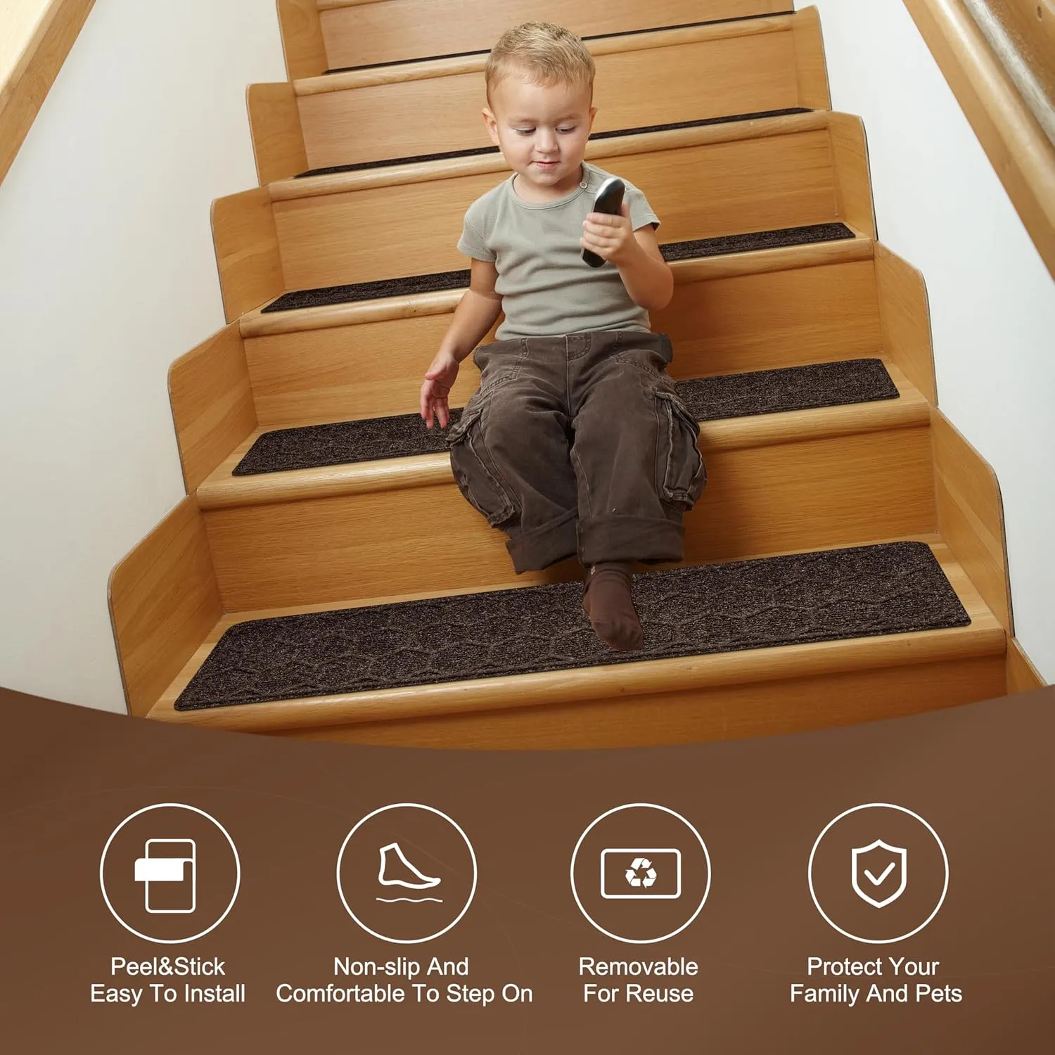 15 Pack 8 "X 30" Non-Slip Carpet Stair Treads for Indoor Wooden Steps, Made of Polyester and Reusable Adhesive, Suitable for Kids Elders and Pets（Brown Hexagon）
