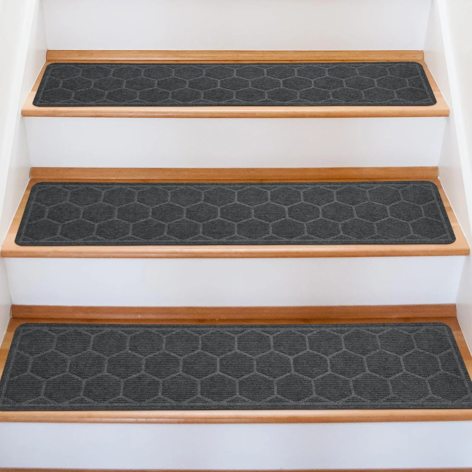 15 Pack 8 "X 30" Non-Slip Carpet Stair Treads for Indoor Wooden Steps, Made of Polyester and Reusable Adhesive, Suitable for Kids Elders and Pets（Grey Hexagon）