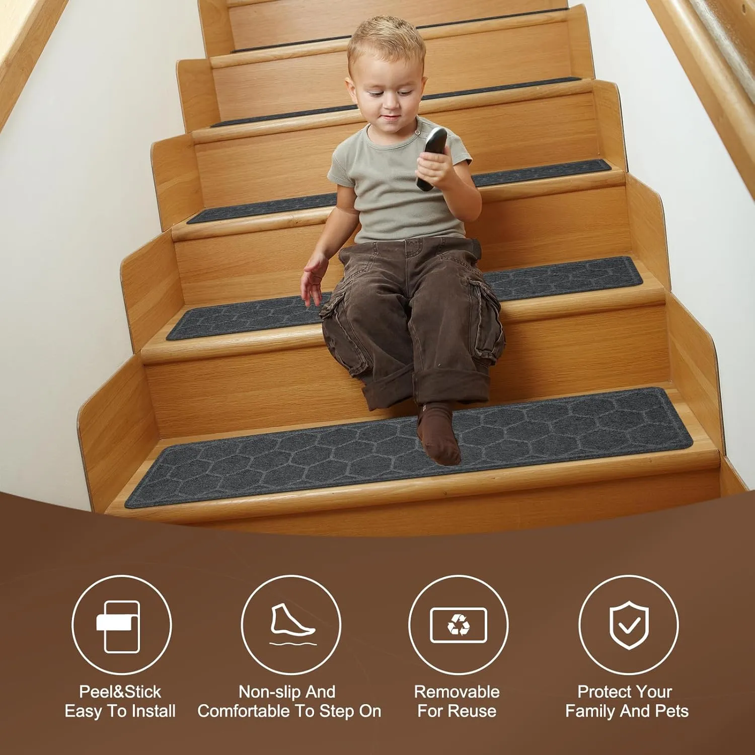 15 Pack 8 "X 30" Non-Slip Carpet Stair Treads for Indoor Wooden Steps, Made of Polyester and Reusable Adhesive, Suitable for Kids Elders and Pets（Grey Hexagon）