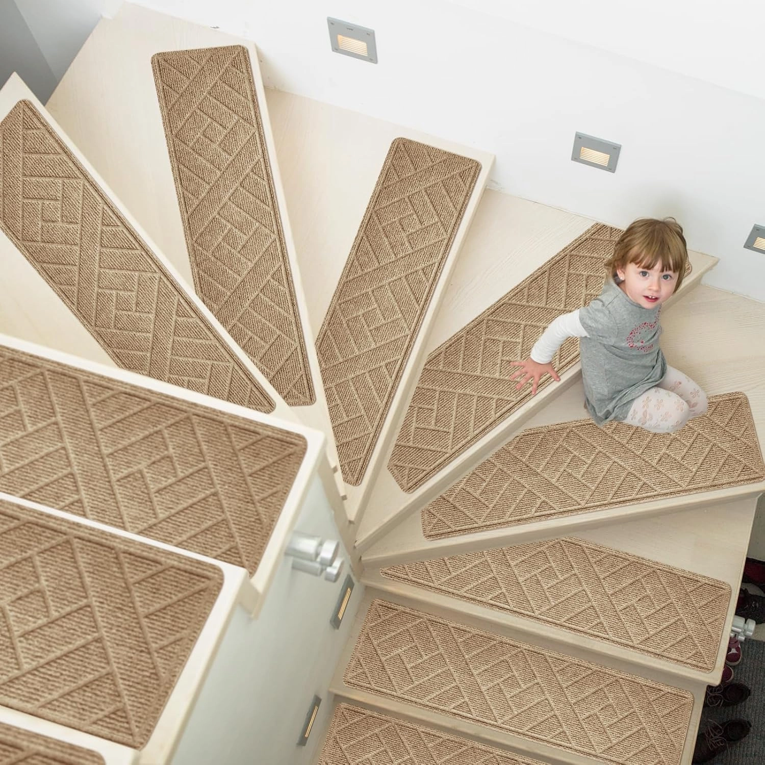 15 Pack 8 "X 30" Non-Slip Carpet Stair Treads for Indoor Wooden Steps, Made of Polyester and Reusable Adhesive, Suitable for Kids Elders and Pets（Beige Lines）