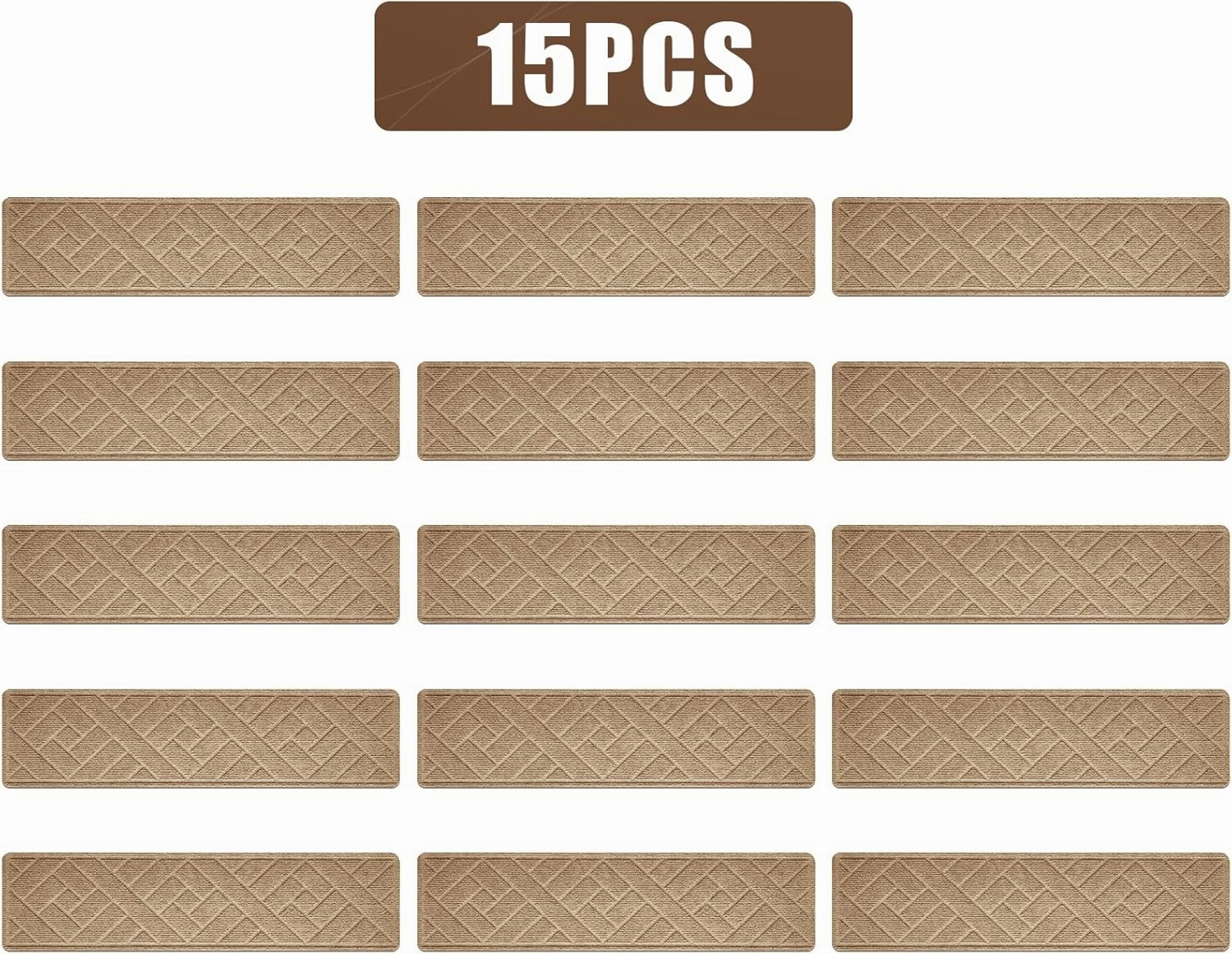15 Pack 8 "X 30" Non-Slip Carpet Stair Treads for Indoor Wooden Steps, Made of Polyester and Reusable Adhesive, Suitable for Kids Elders and Pets（Beige Lines）