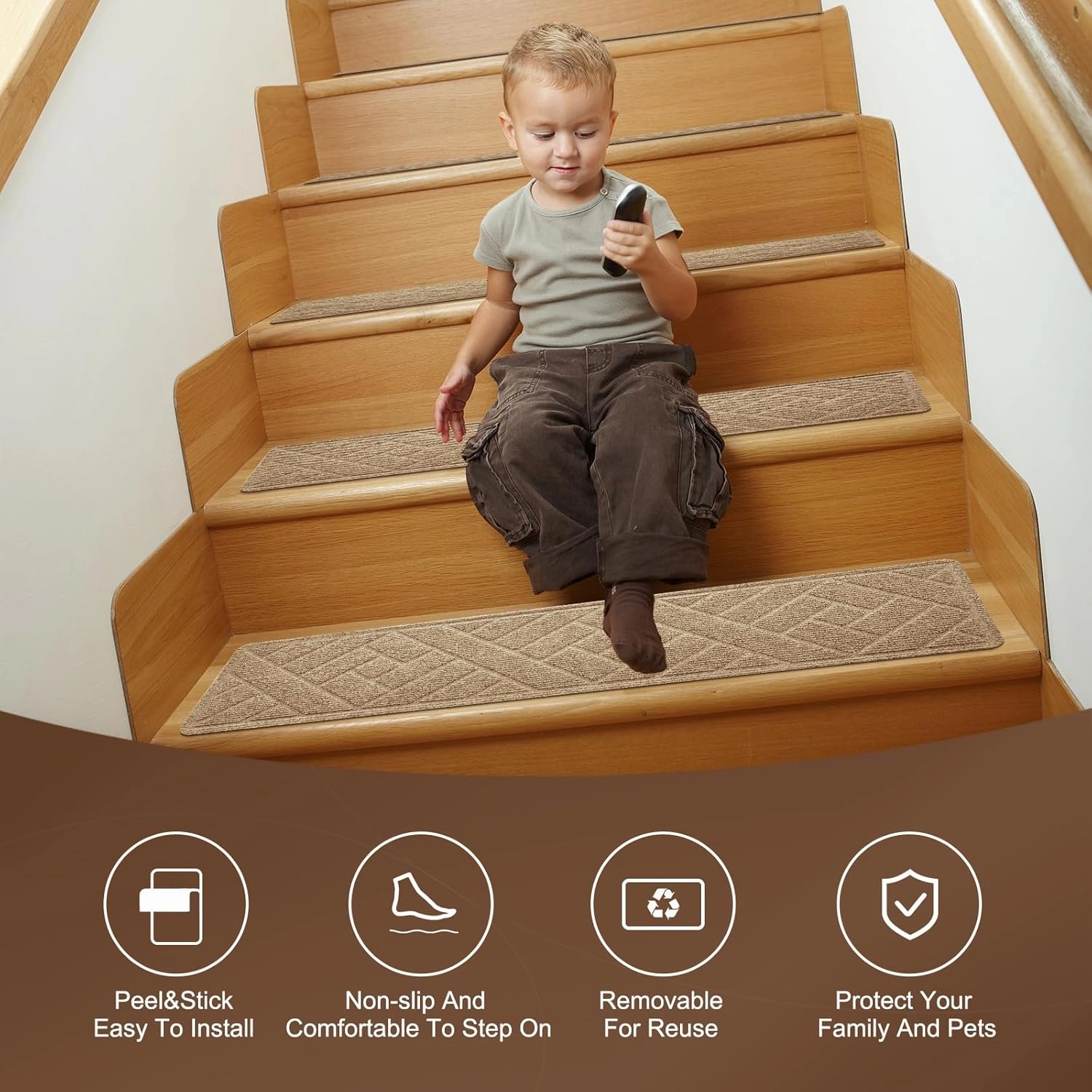 15 Pack 8 "X 30" Non-Slip Carpet Stair Treads for Indoor Wooden Steps, Made of Polyester and Reusable Adhesive, Suitable for Kids Elders and Pets（Beige Lines）