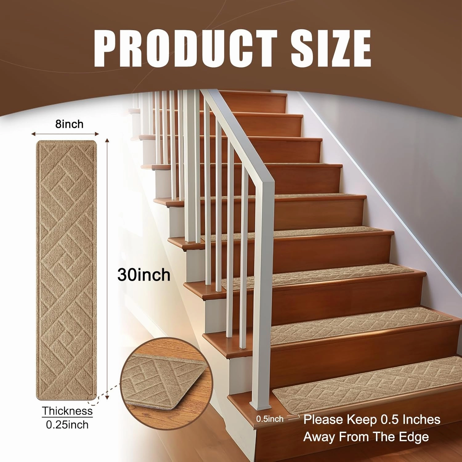 15 Pack 8 "X 30" Non-Slip Carpet Stair Treads for Indoor Wooden Steps, Made of Polyester and Reusable Adhesive, Suitable for Kids Elders and Pets（Beige Lines）