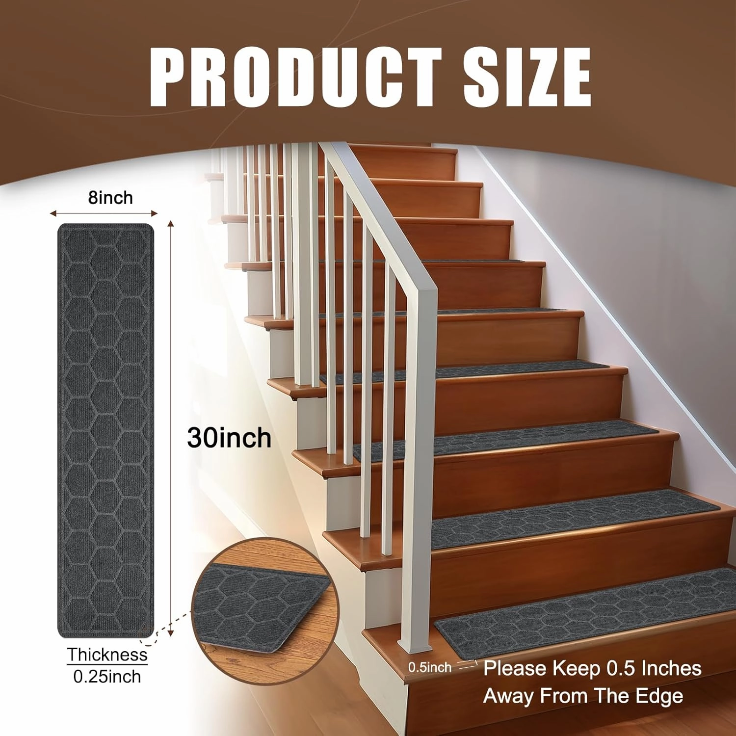 15 Pack 8 "X 30" Non-Slip Carpet Stair Treads for Indoor Wooden Steps, Made of Polyester and Reusable Adhesive, Suitable for Kids Elders and Pets（Grey Hexagon）
