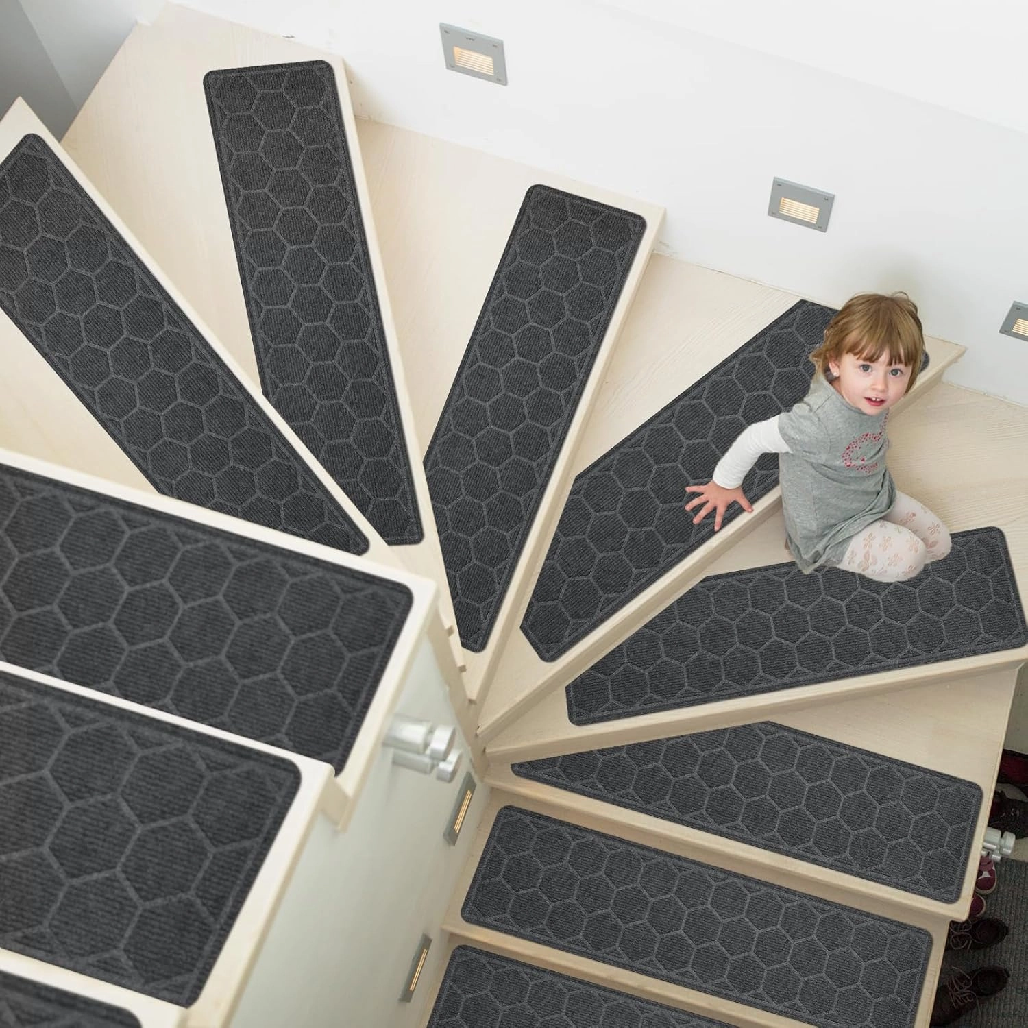 15 Pack 8 "X 30" Non-Slip Carpet Stair Treads for Indoor Wooden Steps, Made of Polyester and Reusable Adhesive, Suitable for Kids Elders and Pets（Grey Hexagon）