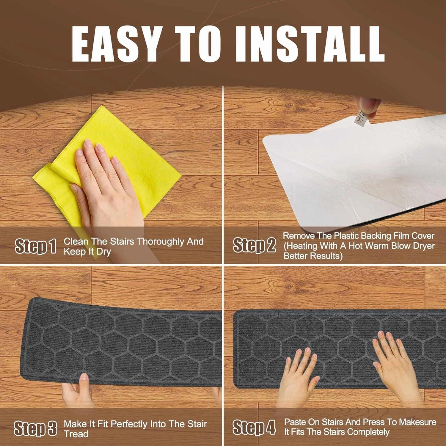 15 Pack 8 "X 30" Non-Slip Carpet Stair Treads for Indoor Wooden Steps, Made of Polyester and Reusable Adhesive, Suitable for Kids Elders and Pets（Grey Hexagon）