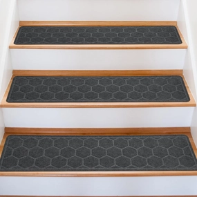 15 Pack 8 "X 30" Non-Slip Carpet Stair Treads for Indoor Wooden Steps, Made of Polyester and Reusable Adhesive, Suitable for Kids Elders and Pets（Grey Hexagon）