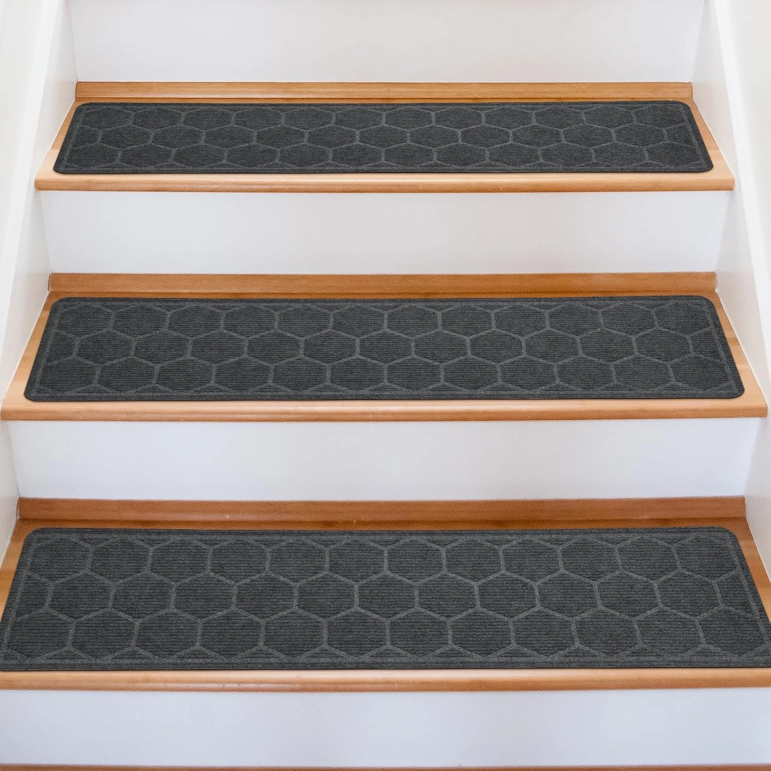 15 Pack 8 "X 30" Non-Slip Carpet Stair Treads for Indoor Wooden Steps, Made of Polyester and Reusable Adhesive, Suitable for Kids Elders and Pets（Grey Hexagon）