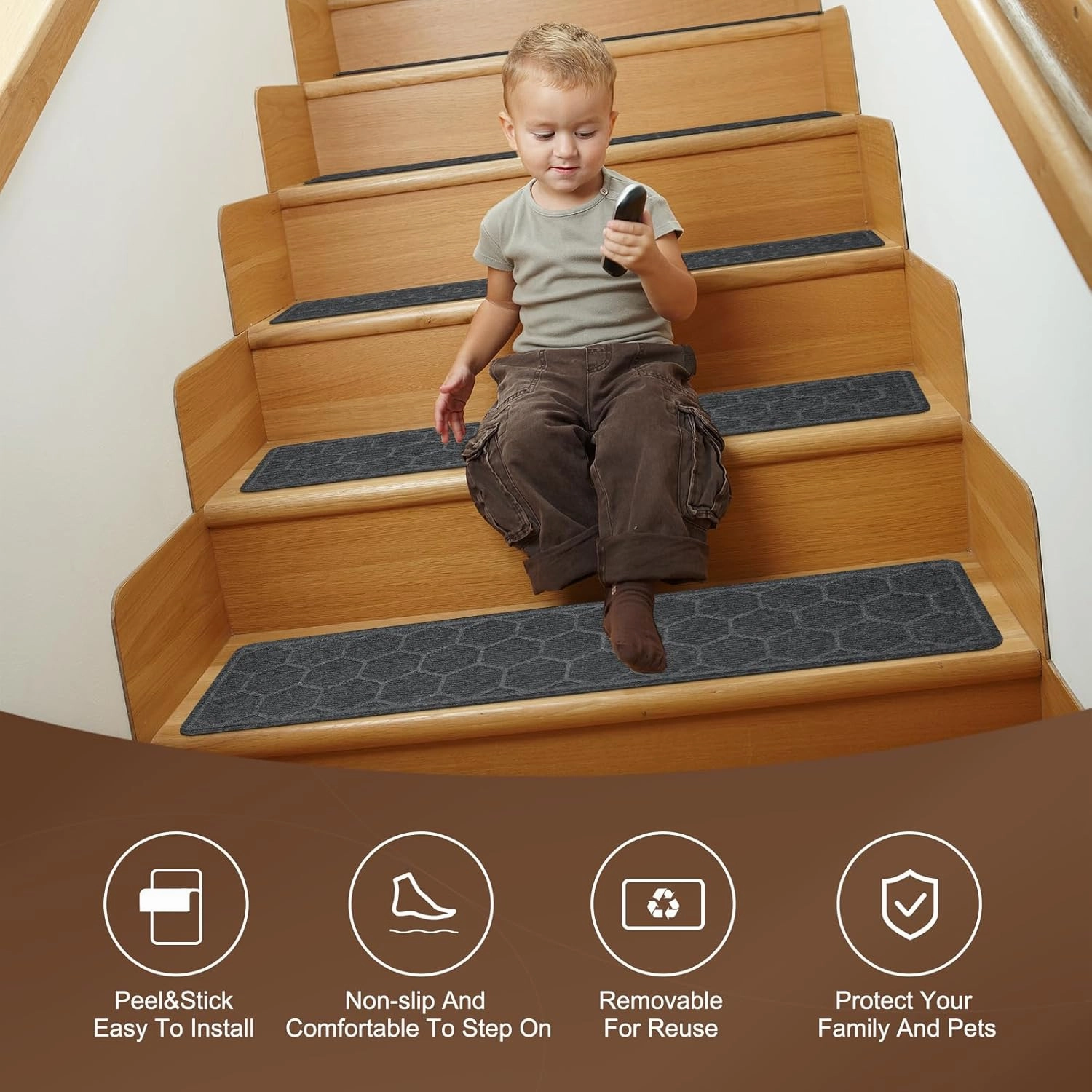 15 Pack 8 "X 30" Non-Slip Carpet Stair Treads for Indoor Wooden Steps, Made of Polyester and Reusable Adhesive, Suitable for Kids Elders and Pets（Grey Hexagon）