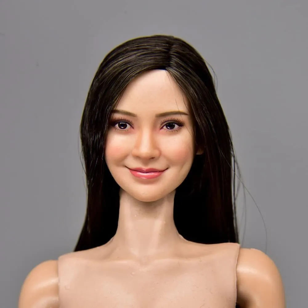 1/6 Scale Female Head Sculpt, Beauty Asian Girl Head Carved for 12inch Action Figure Body Doll, 1/6 Scale Painted Cute Girl Natural Makeup Female Head Sculpt Accessory (Black Long Straight Hair)