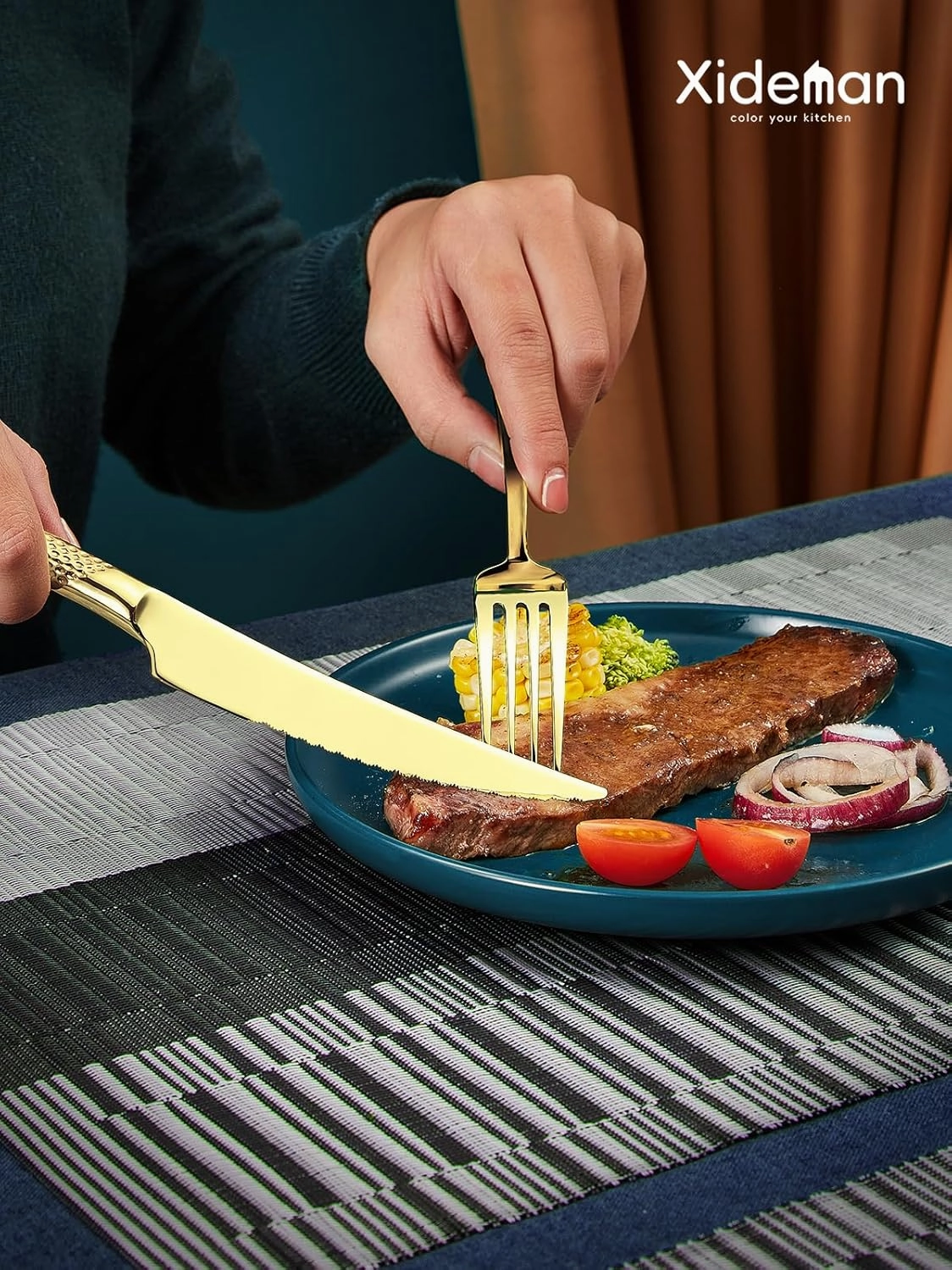 16-Piece ​Modern Champagne Gold Hammered Silverware Set with Ultra Sharp 2-IN-1 Serrated Knive, Golden 18/10 Stainless Steel Flatware Set, Utensil Cutlery Set for 4 Person, Forks Spoons Knives