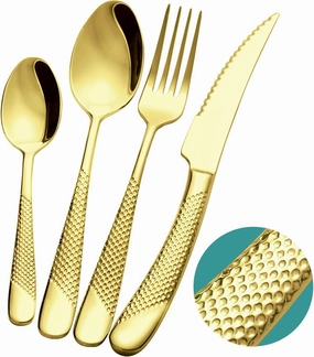 16-Piece ​Modern Champagne Gold Hammered Silverware Set with Ultra Sharp 2-IN-1 Serrated Knive, Golden 18/10 Stainless Steel Flatware Set, Utensil Cutlery Set for 4 Person, Forks Spoons Knives